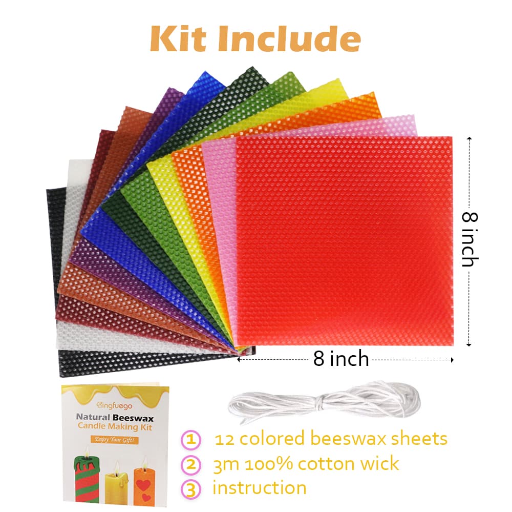 Bingfuego Bee Wax Candle Making Kit for Beginners - 12 Sheets of Bee Wax Paper for Candle Rolling, Natural Bee Wax Candle Making Kit (Bright Color, 20.32 x 20.32 cm) thumbnail 2