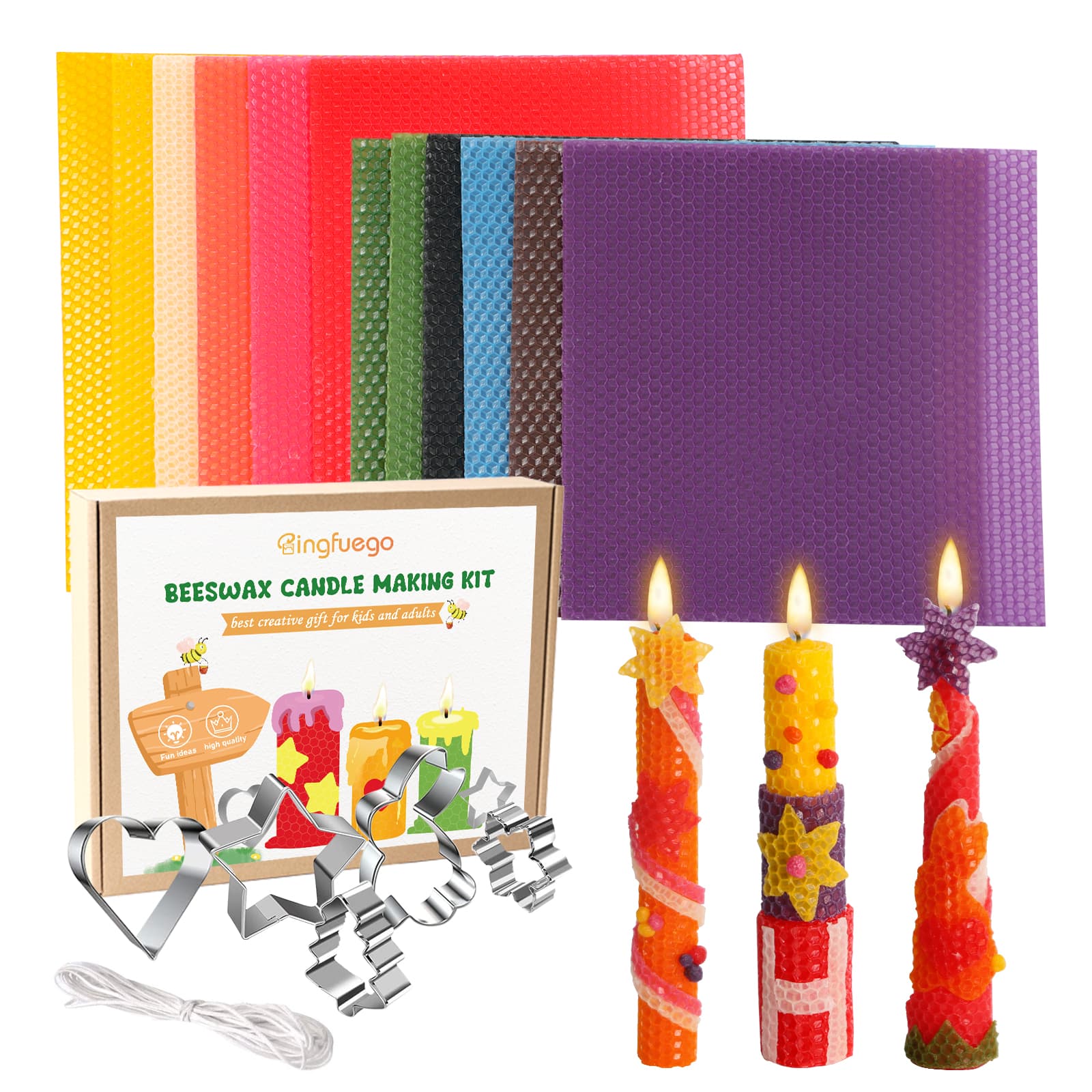 Bingfuego Beeswax Candle Making Kit for kids-12 Beeswax Sheets for Candle Making Rolling Kits, Natural Beeswax Candle Making Kit (Gorgeous Colors, 8 x 8 inch + 10 x 8 inch)