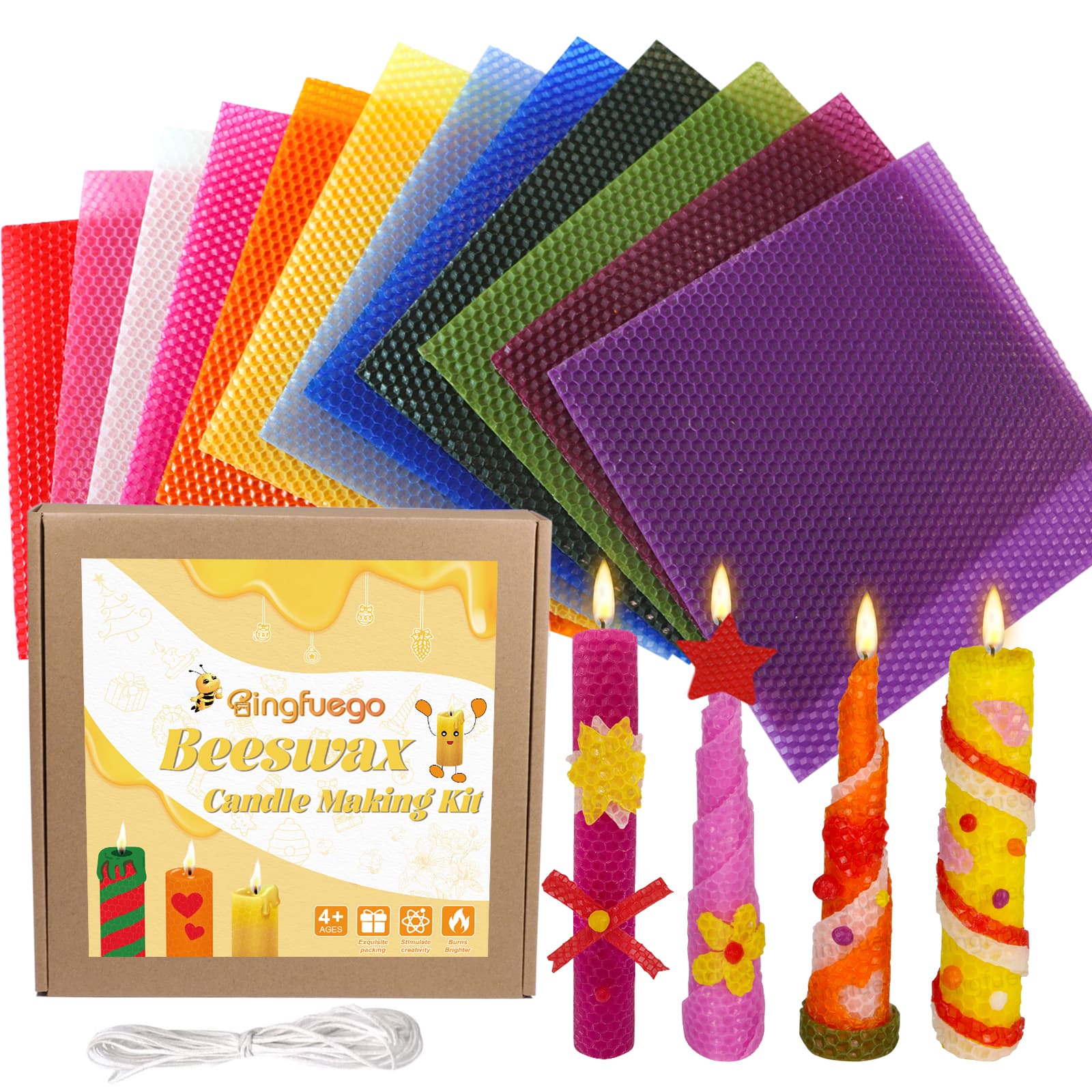 Bingfuego beeswax candle making kit suitable for beginners -12 sheets of beeswax paper for candle making roll kit, natural beeswax candle making kit (bright color, 20.32 x 20.32 cm)