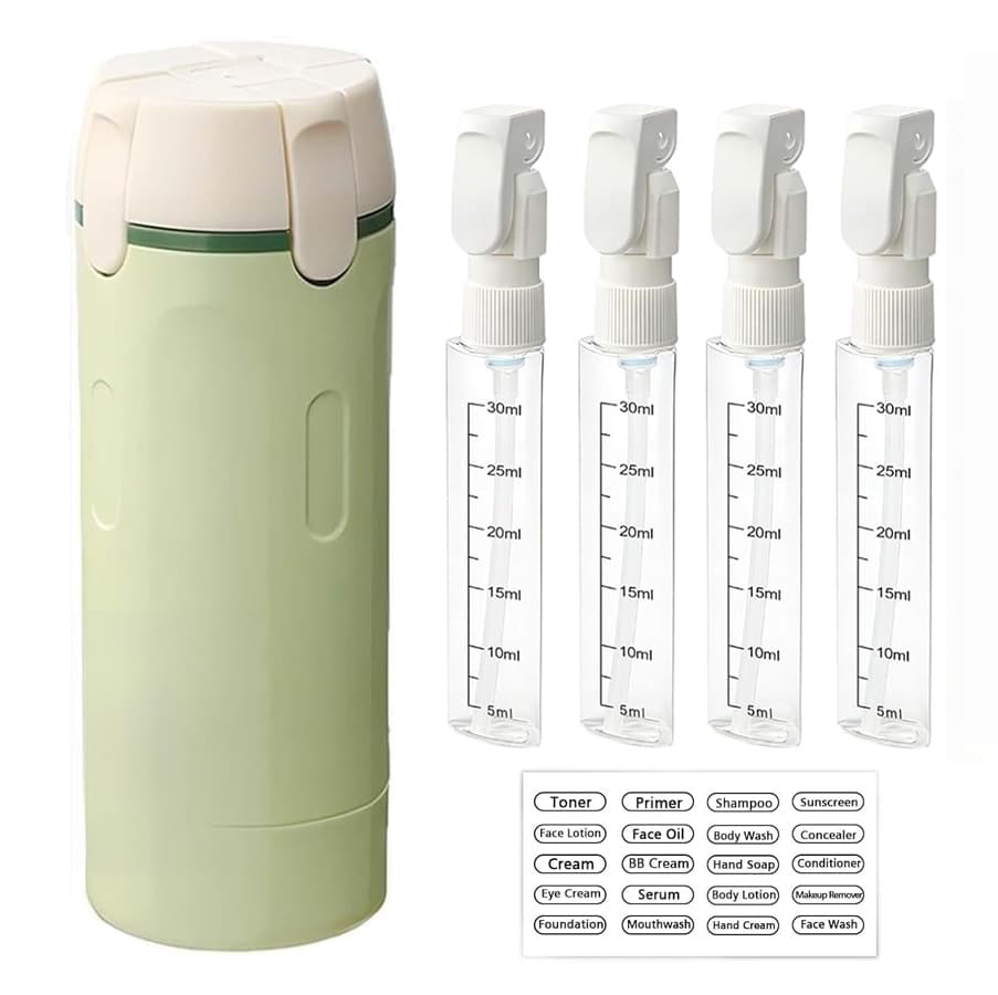 Contains 4 inner bottles, composite dispensing bottle, with label, travel bottle, travel dispensing bottle, toiletries container, buckle-type refillable lotion dispenser, toiletries container, travel, business trip, squeeze bottle, lotion bottle