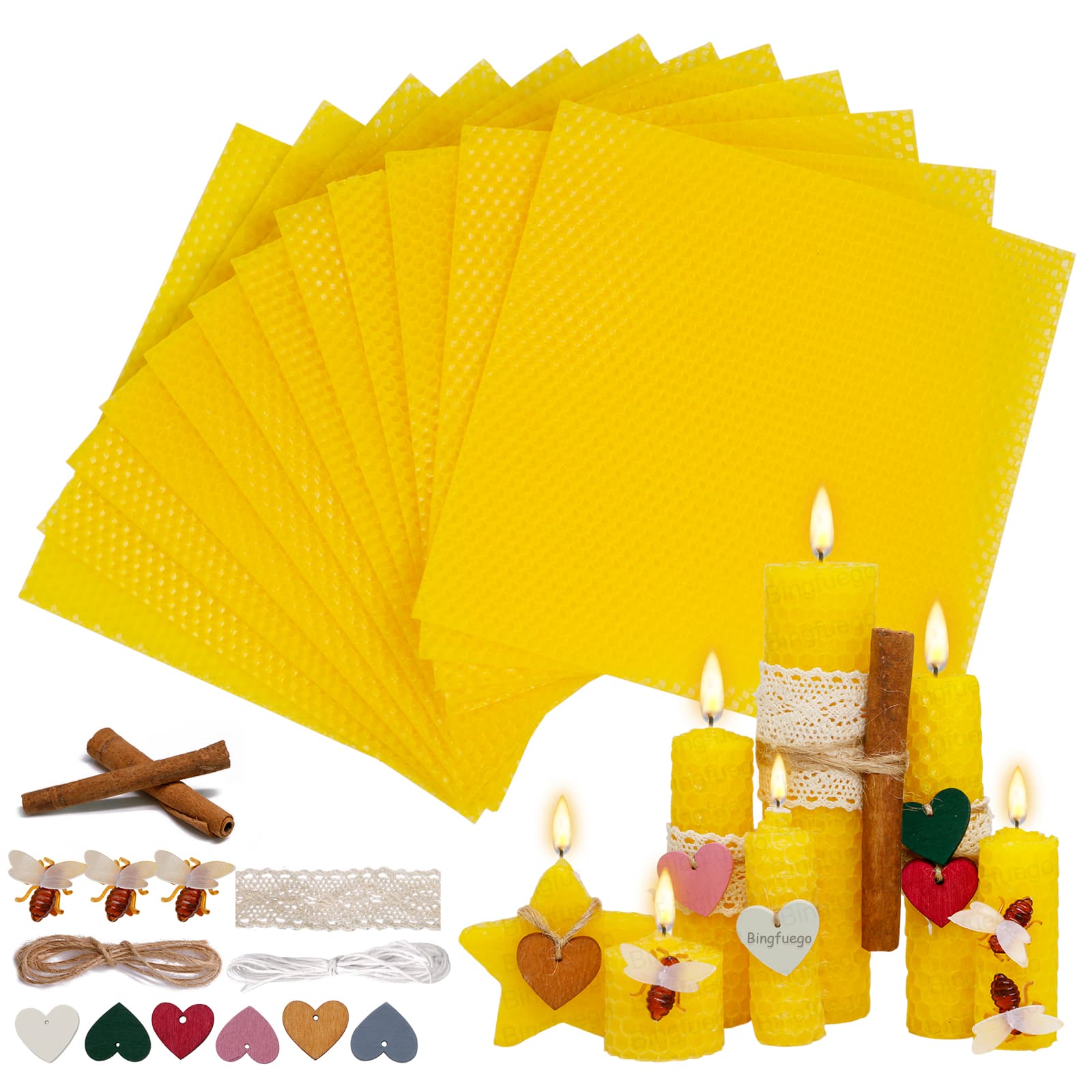 Bingfuego Beginner-Friendly Beeswax Candle Making Kit - 12 Sheets of Beeswax Paper for Candle Rolling Kit, Natural Candle Making Set (Natural Yellow, 20.32 x 20.32 cm)